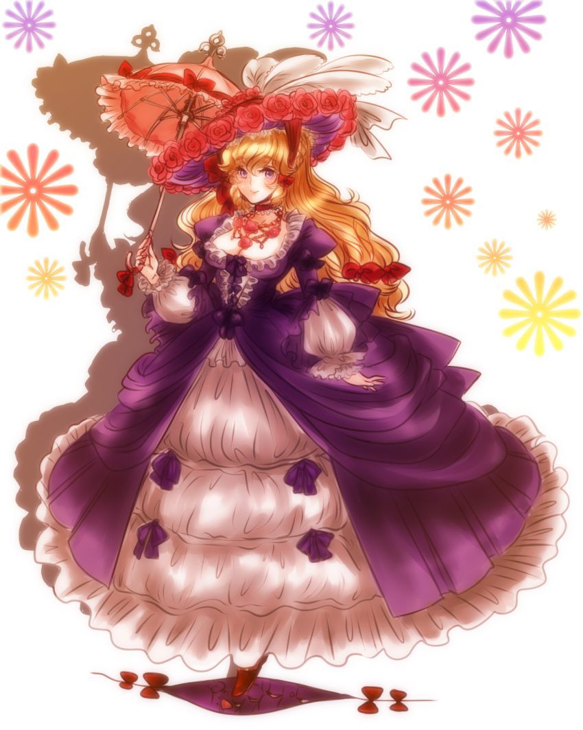 blonde_hair, bow, breasts, cleavage, dress, embellished_costume, flower, frills