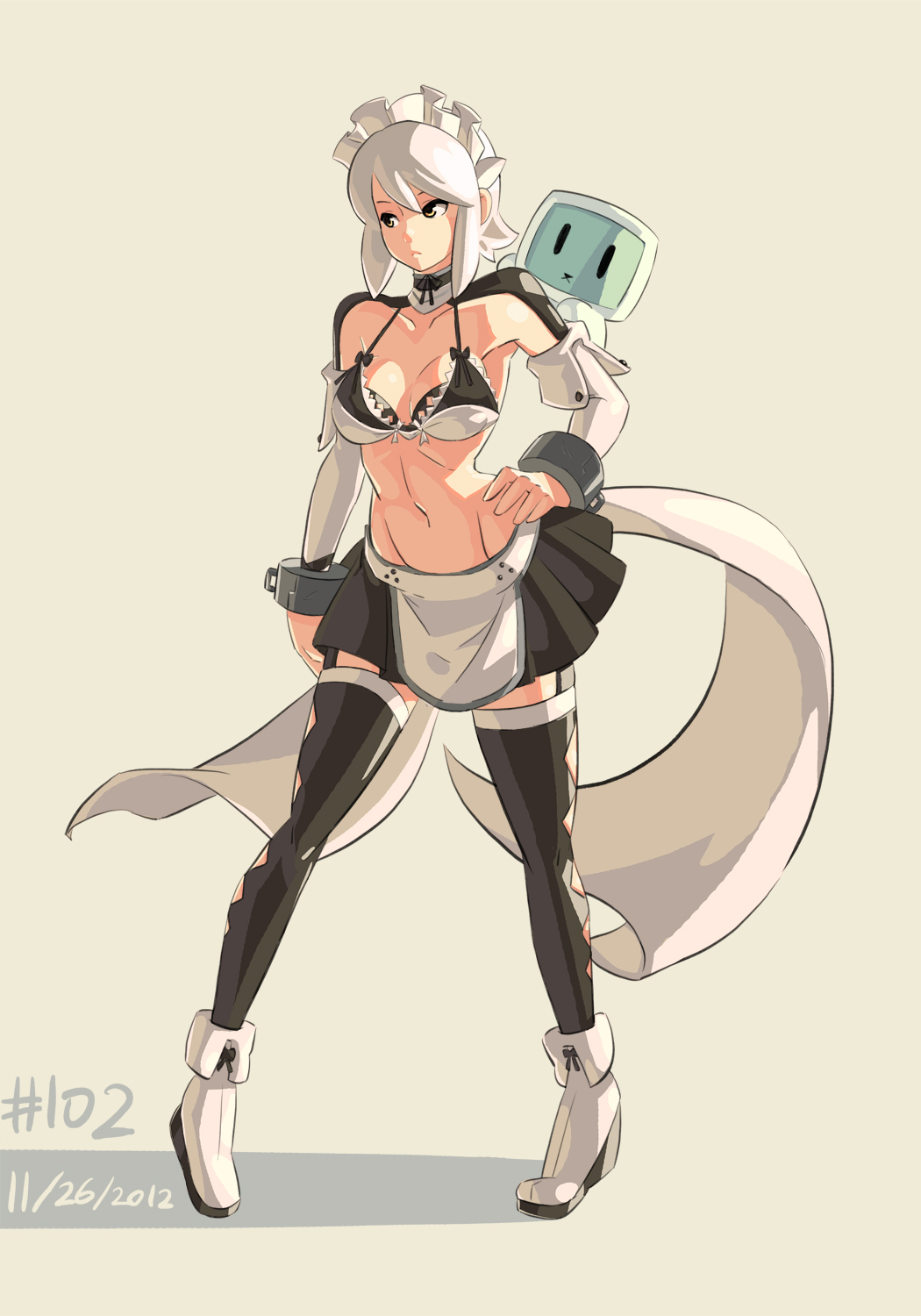 argyle, argyle_legwear, bikini_top, black_legwear, breasts, brown_eyes, character_request, contrapposto