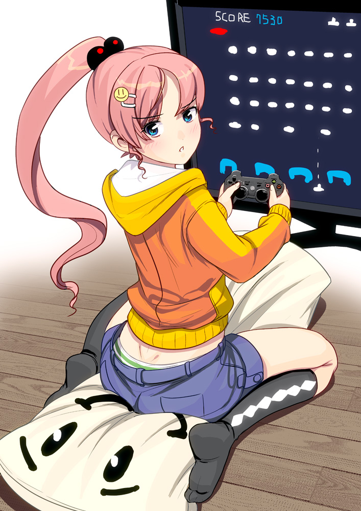 argyle, argyle_legwear, black_legwear, blue_eyes, blush, controller, dualshock, game_controller