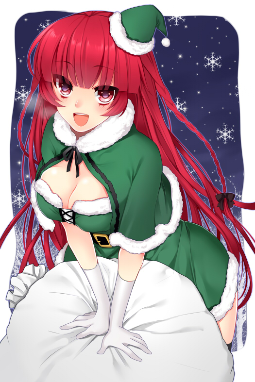 :d, black_legwear, blush, braid, breasts, capelet, cleavage, gloves, hair_ribbon, hat, looking_at_viewer, mi_(liki1020), open_mouth, original, pink_eyes, red_hair, redhead, ribbon, sack, santa_hat, single_braid, smile, snowflakes, solo, thigh-highs, thighhighs, white_gloves