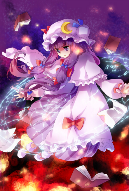 book, bow, crescent, dress, fire, hair_bow, hair_ribbon, hat