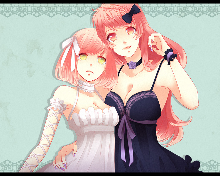 bare_shoulders, bow, braid, breasts, choker, cleavage, collarbone, dress