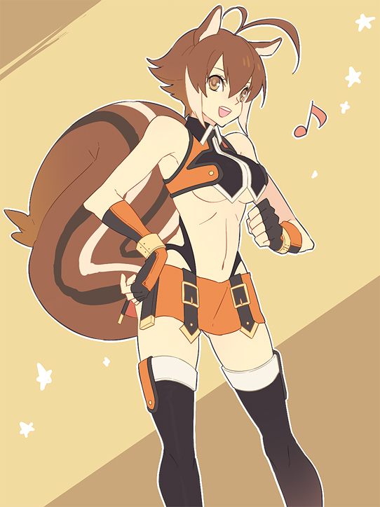 blazblue, breasts, brown_eyes, brown_hair, gloves, makoto_nanaya, midriff, musical_note