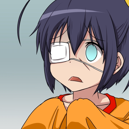 ahoge, blue_hair, chuunibyou_demo_koi_ga_shitai!, empty_eyes, eyepatch, green_eyes, hechamukure_x, lowres