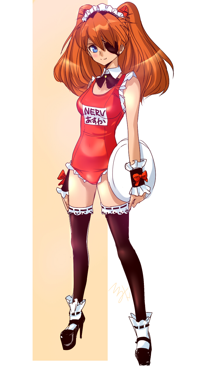 alternate_costume, black_legwear, blue_eyes, blush, brown_hair, enmaided, evangelion:_3.0_you_can_(not)_redo, eyepatch, frilled_swimsuit, frills, hair_ornament, highres, long_hair, looking_at_viewer, maid, maid_headdress, neon_genesis_evangelion, rebuild_of_evangelion, red_swimsuit, school_swimsuit, shikinami_asuka_langley, smile, solo, soryu_asuka_langley, souryuu_asuka_langley, standing, swimsuit, teruchan, thigh-highs, thighhighs, tray, wrist_cuffs, wrist_ribbon