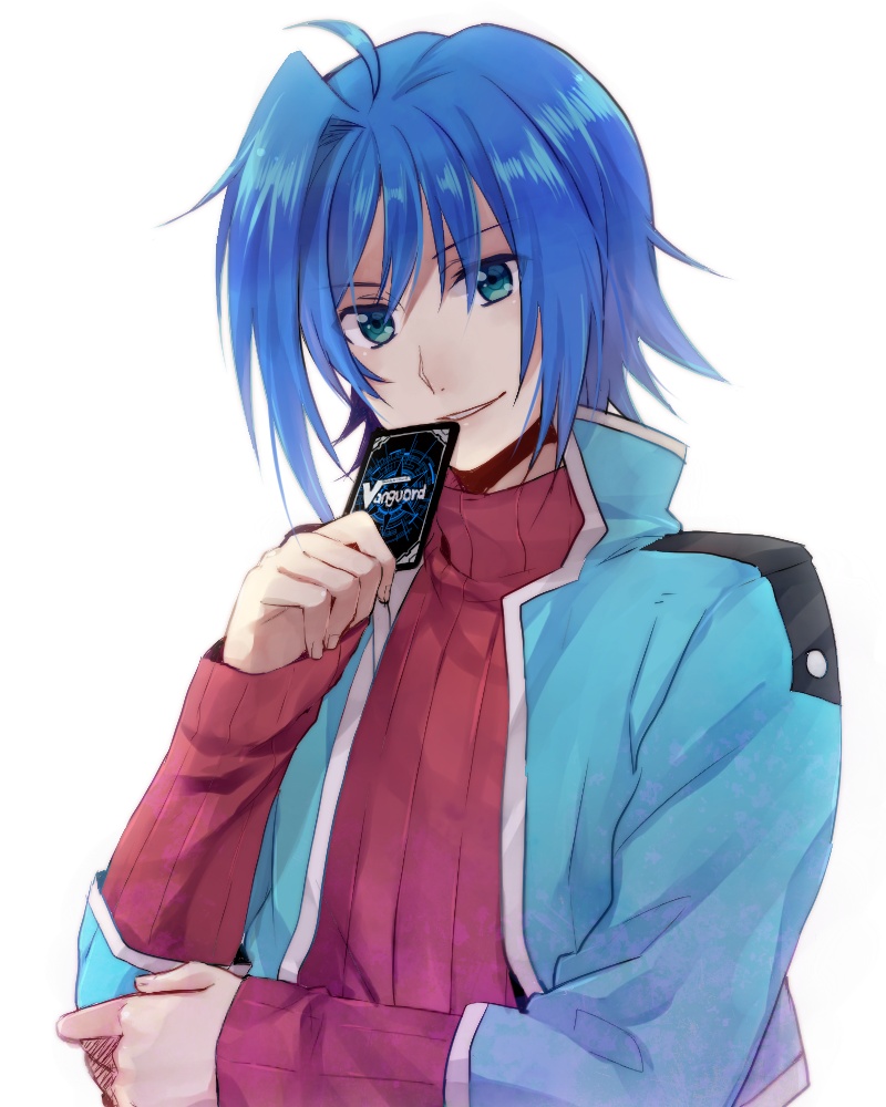 blue_eyes, blue_hair, card, cardfight!!_vanguard, cardfight!!_vanguard_(cards), male, ribbed_sweater, sendou_aichi