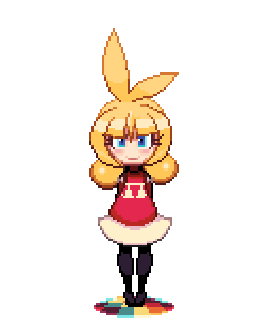 1girl, ahoge, animated_gif, black_legwear, blonde_hair, blue_eyes, blush, bunny_ears, eyelashes, fake_animal_ears, gashi-gashi, happy, heart, lowres, original, pantyhose, pixel_art, sayaka-chan_(gashi-gashi), skirt, wink