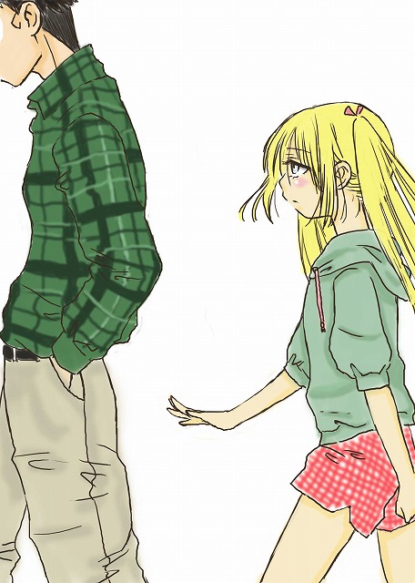1girl, anando-san, black_hair, blonde_hair, blue_eyes, blush, casual, flat_chest, genshiken, height_difference, hoodie, long_hair, madarame_harunobu, otaku, plaid, plaid_shirt, short_hair, shorts, susanna_hopkins, twintails