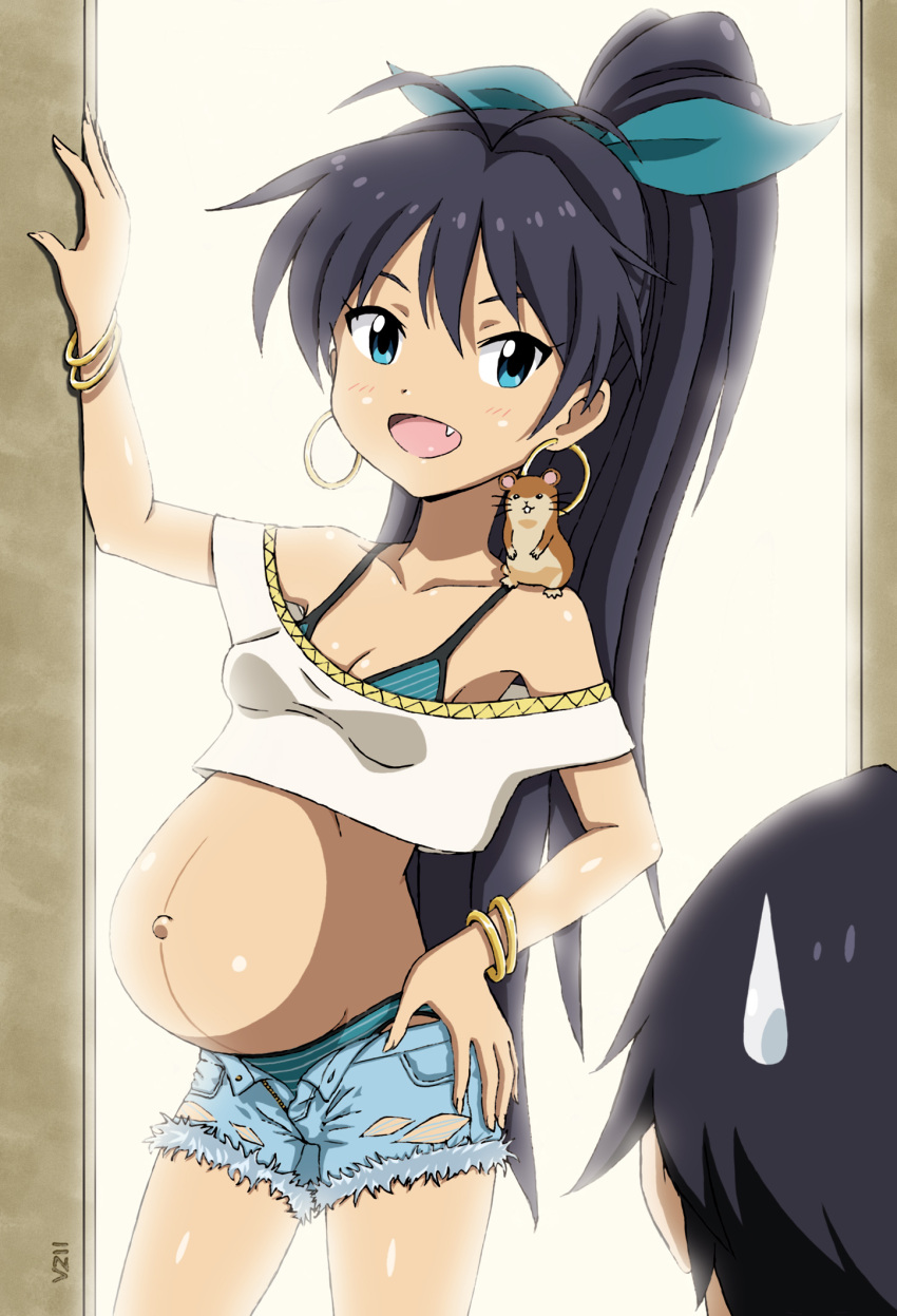 belly, black_hair, bloom, bracelet, cutoffs, denim, denim_shorts, earrings, fang, ganaha_hibiki, hamster, hamuzou, highres, hoop_earrings, idolmaster, jean_shorts, jewelry, long_hair, open_fly, ponytail, pregnant, producer_(idolmaster), shiny, shiny_skin, shorts, sweatdrop, torn_clothes, unzipped, vzmk2