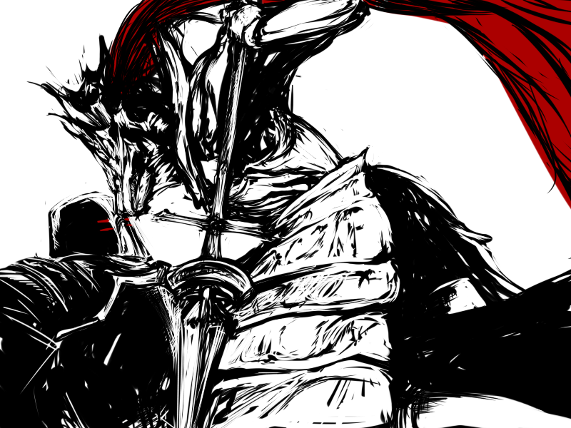 2boys, dark_souls, dragon_slayer_ornstein, iron_tarkus, multiple_boys