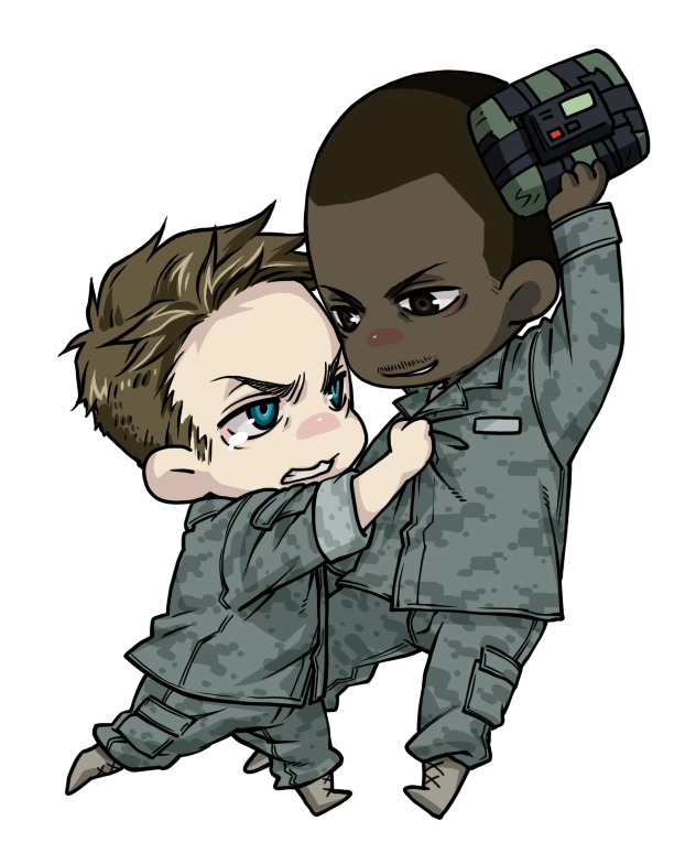 blue_eyes, bomb, brown_eyes, brown_hair, c4, chibi, clenched_teeth, dark_skin, grabbing, holding, military, military_uniform, multiple_boys, sky360, smirk, tears, the_hurt_locker, uniform