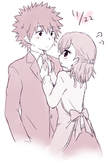 1girl, adjusting_tie, apron, formal, kamijou_touma, misaka_mikoto, monochrome, nae_(rno)