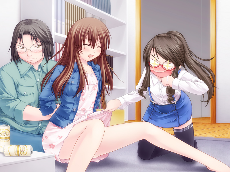 1boy, 1girl, 2boys, 2girls, arms_behind_back, bare_legs, beer_can, black_hair