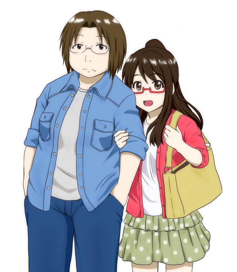 2girls, bag, blush, brown_hair, cardigan, casual, genshiken, glasses