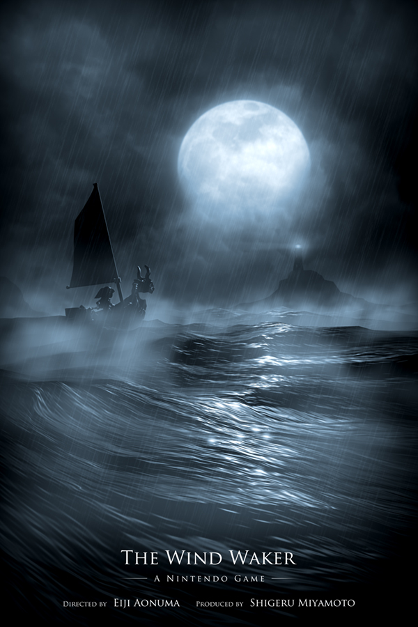 1boy, dirtygreatpixels, full_moon, lighthouse, link, moon, movie_poster, night, night_sky, ocean, rain, sail, sky, storm, the_king_of_red_lions, the_legend_of_zelda, the_legend_of_zelda:_the_wind_waker