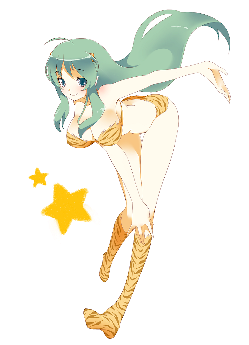 bent_over, bikini, breasts, cleavage, green_hair, leaning_forward, legs, long_hair, lum, smile, swimsuit, tiger_print, tyobimiru, urusei_yatsura