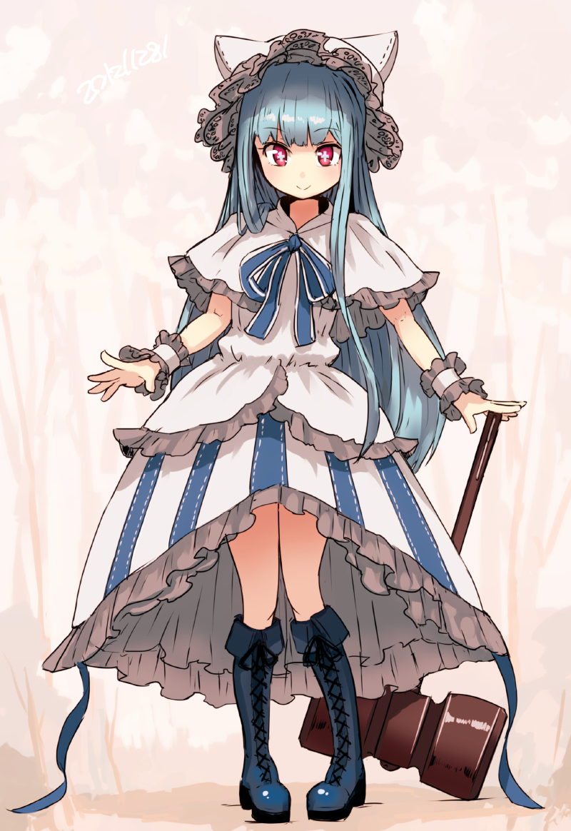 1girl, :>, animal_hat, blue_hair, boots, capelet, cat_hat, cross-laced_footwear