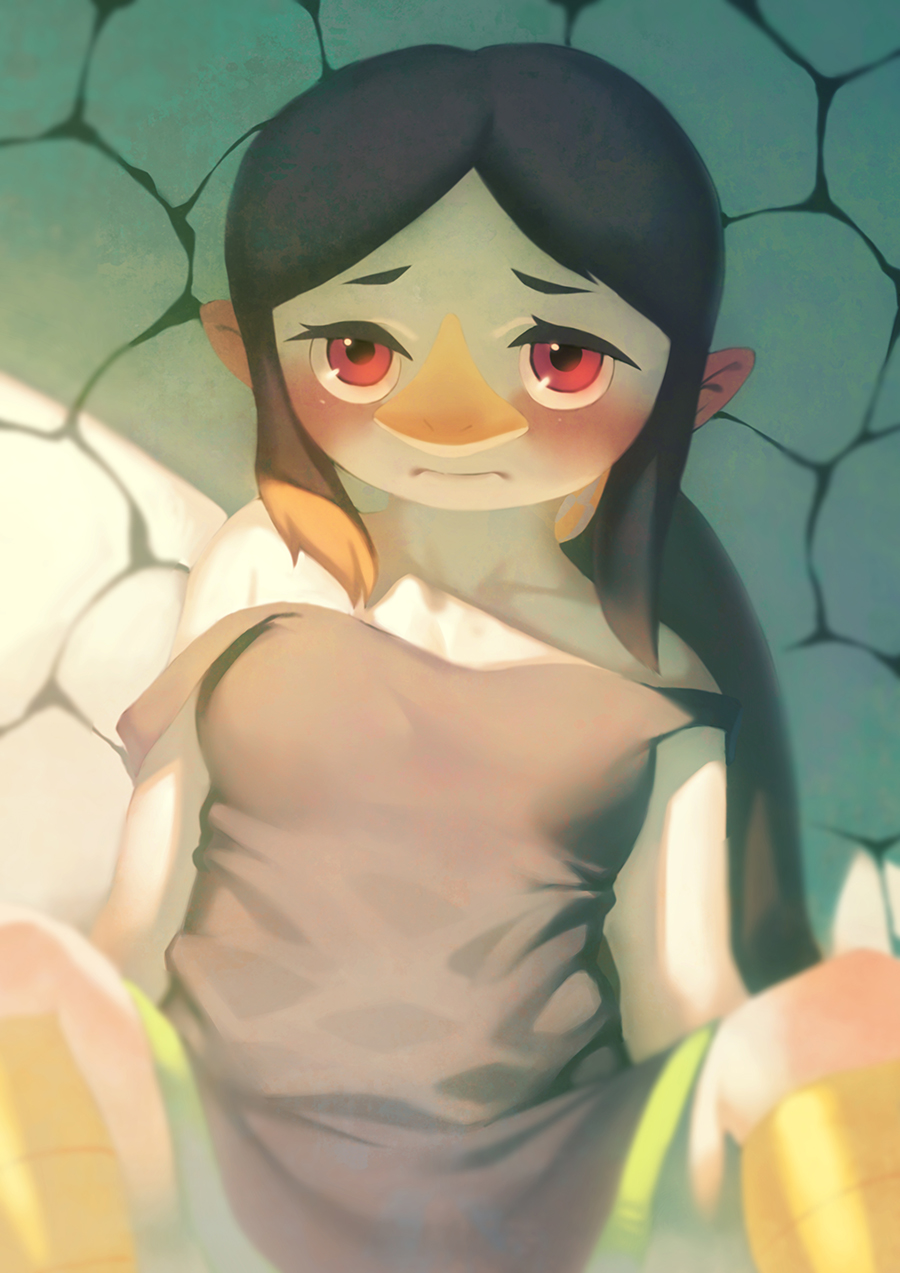 against_wall, aru_(pixiv14582), aruurara, beak, blush, brown_hair, dress, flat_chest