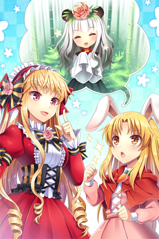 blonde_hair, bow, bunny_ears, cannelle, capelet, carrot, cinia_pacifica, corset