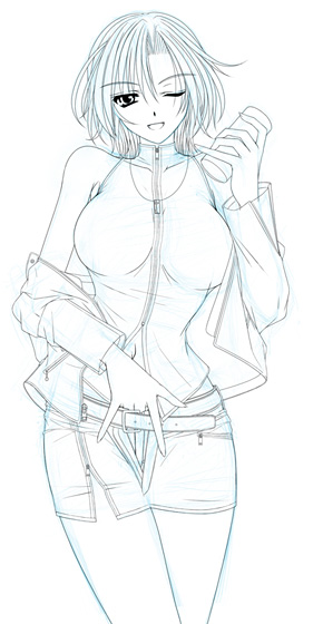 belt, copyright_request, hand_in_skirt, hiviki_n'alchemy, hiviki_n'alchemy, monochrome, short_hair, skirt