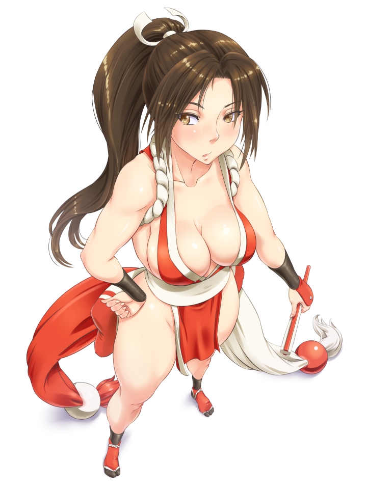 :p, bare_shoulders, breasts, brown_eyes, brown_hair, cleavage, fan, fatal_fury
