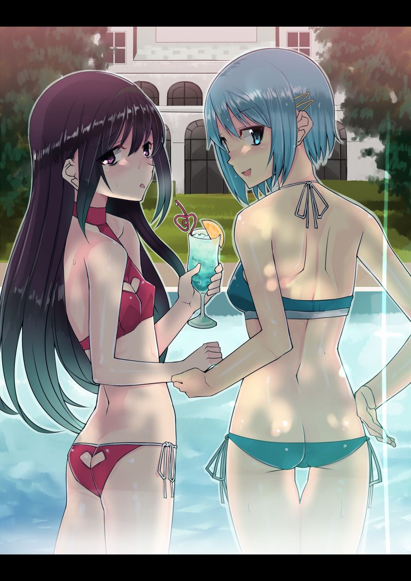 akemi_homura, ass, ass_cutout, bikini, black_hair, blue_eyes, blue_hair, blush, butt_crack, cleavage_cutout, glass, hair_ornament, hairclip, hand_on_hip, heart_cutout, kawaguchi_yukihiro, long_hair, looking_back, mahou_shoujo_madoka_magica, miki_sayaka, multiple_girls, open_mouth, pool, purple_eyes, short_hair, side-tie_bikini, smile, straw, sweat, swimsuit, violet_eyes