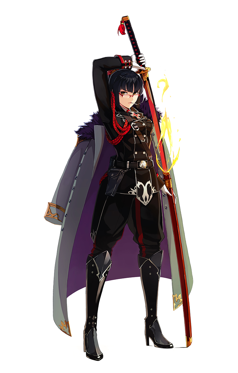aiguillette, arm_up, belt, black_eyes, black_hair, boots, cigarette, cross