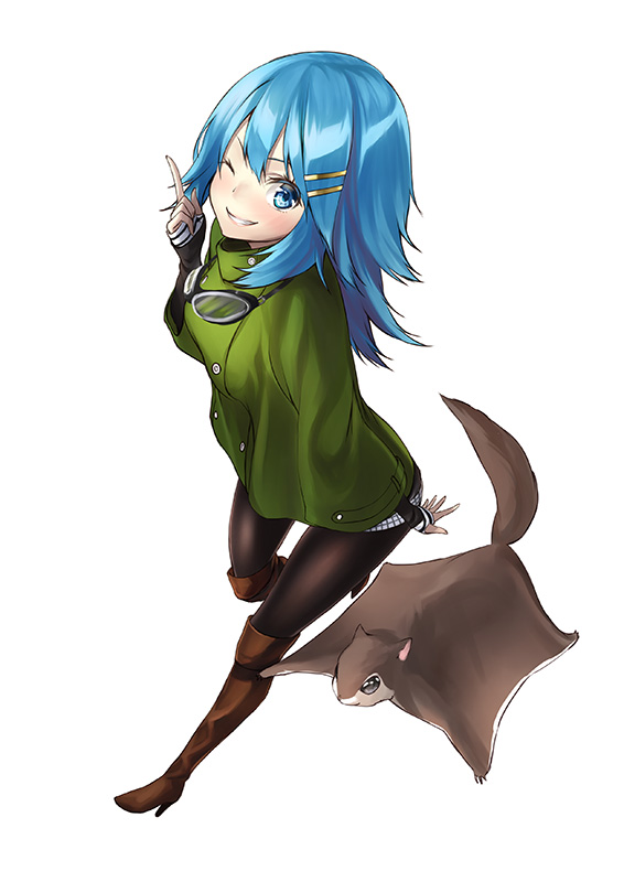 ;), black_legwear, blue_eyes, blue_hair, boots, flying_squirrel, goggles, goggles_around_neck