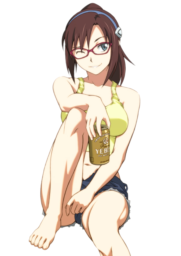 alternate_hairstyle, barefoot, beer, breasts, brown_hair, can, cosplay, evangelion:_2.0_you_can_(not)_advance