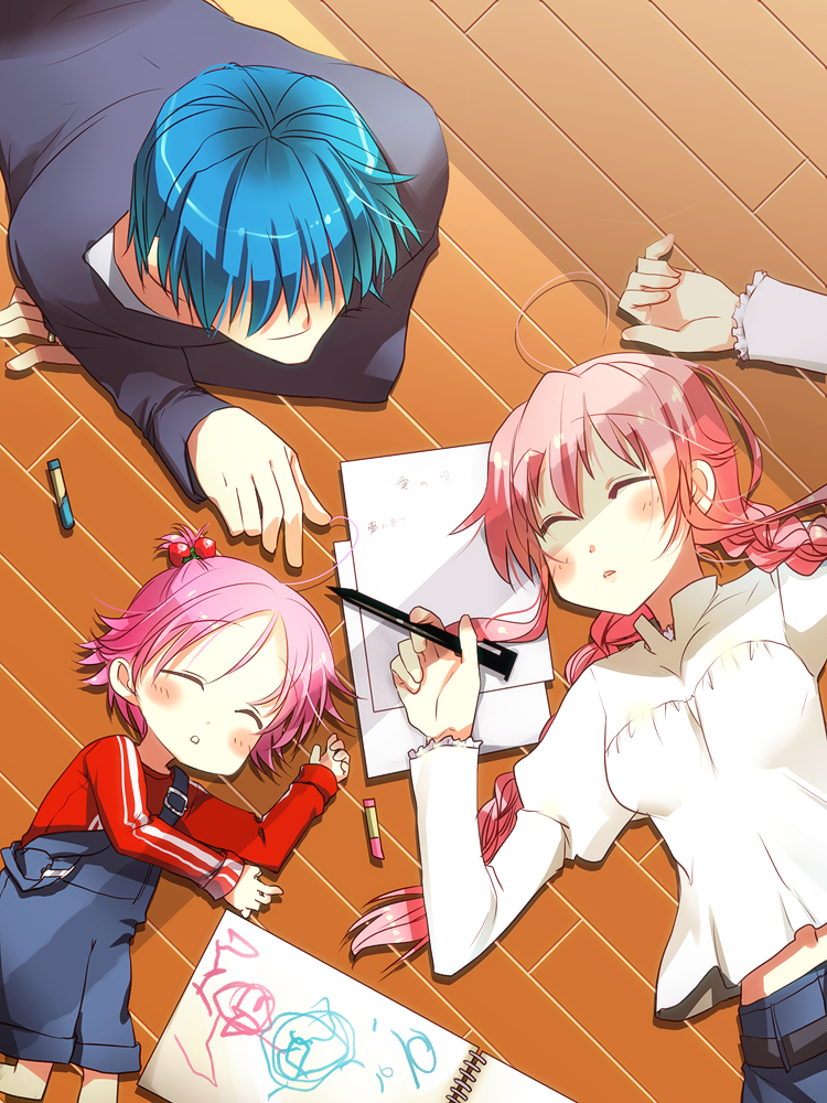 2girls, ahoge, angel_beats!, blue_hair, blush_stickers, braid, child, child_drawing