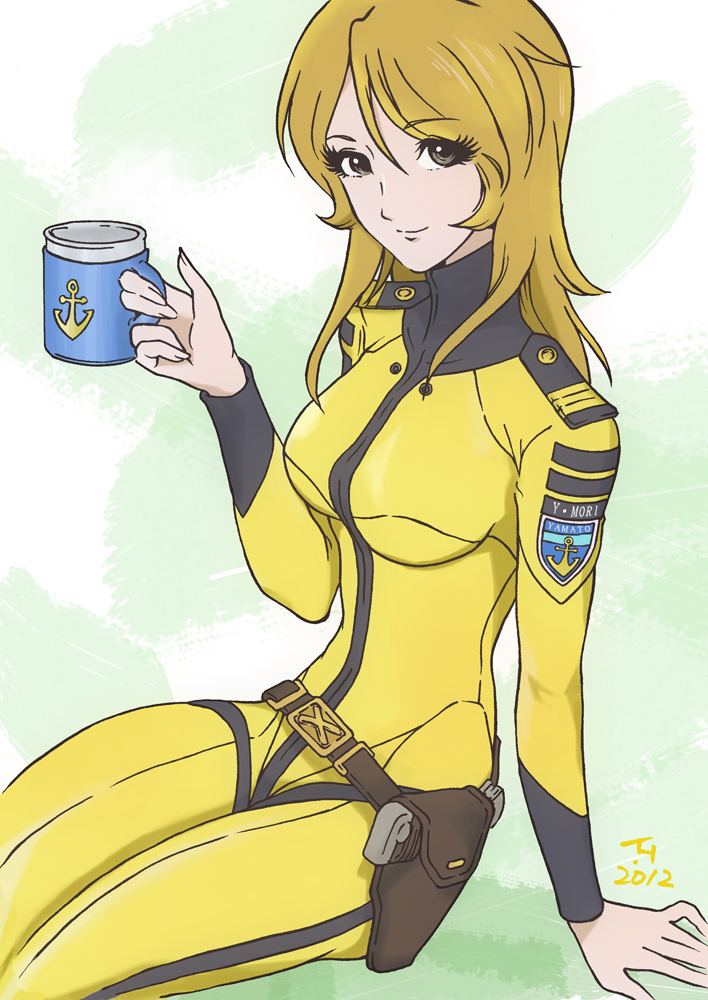 anchor, arm_support, blonde_hair, bodysuit, crossdraw_holster, cup, holding, holster