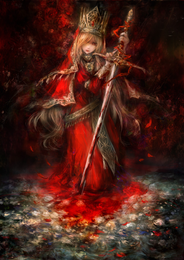 blonde_hair, bloody_weapon, capelet, crown, dress, hair_over_one_eye, lipstick, long_hair