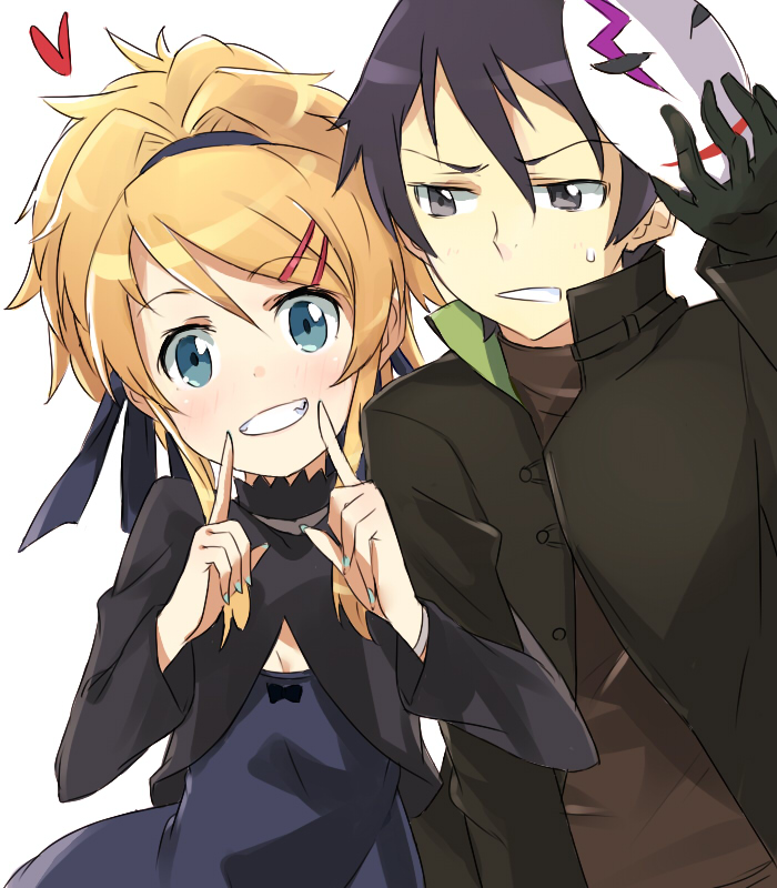 brother_and_sister, cosplay, darker_than_black, fingersmile, grin, hair_ornament, hairclip, hei
