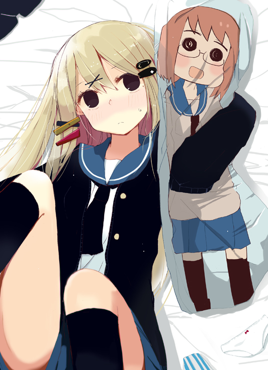 bed, black_eyes, black_legwear, blonde_hair, blush, dakimakura_(object), frown, hair_ornament