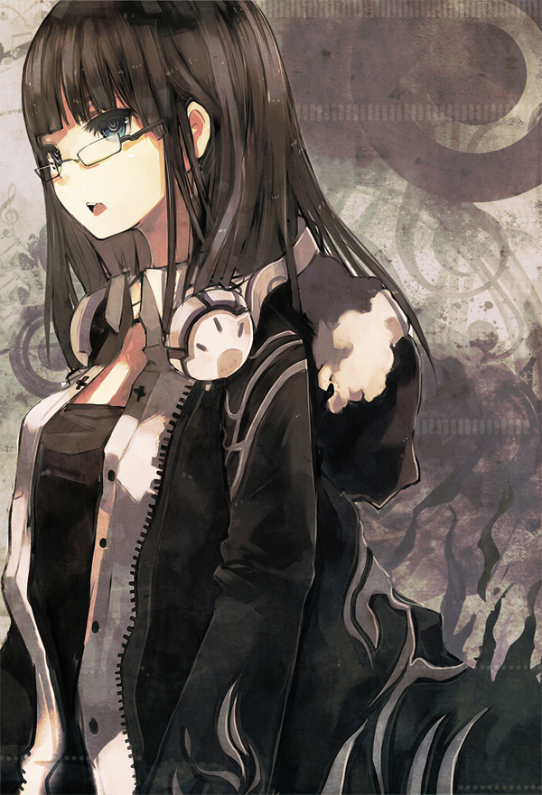 bangs, black_hair, blue_eyes, blunt_bangs, glasses, headphones, hime_cut, jacket
