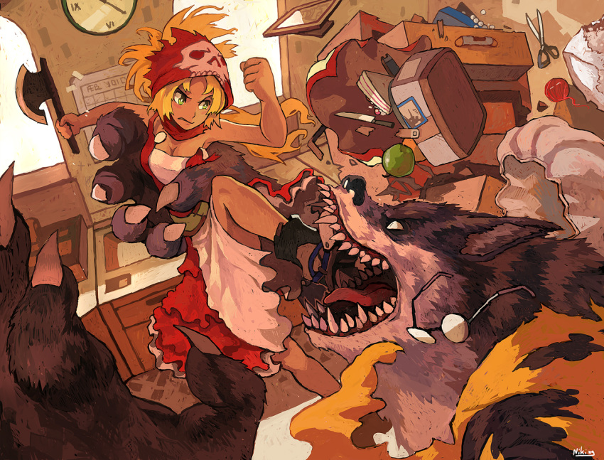 axe, big_bad_wolf, big_bad_wolf_(grimm), blonde_hair, calendar, fangs, food, fruit