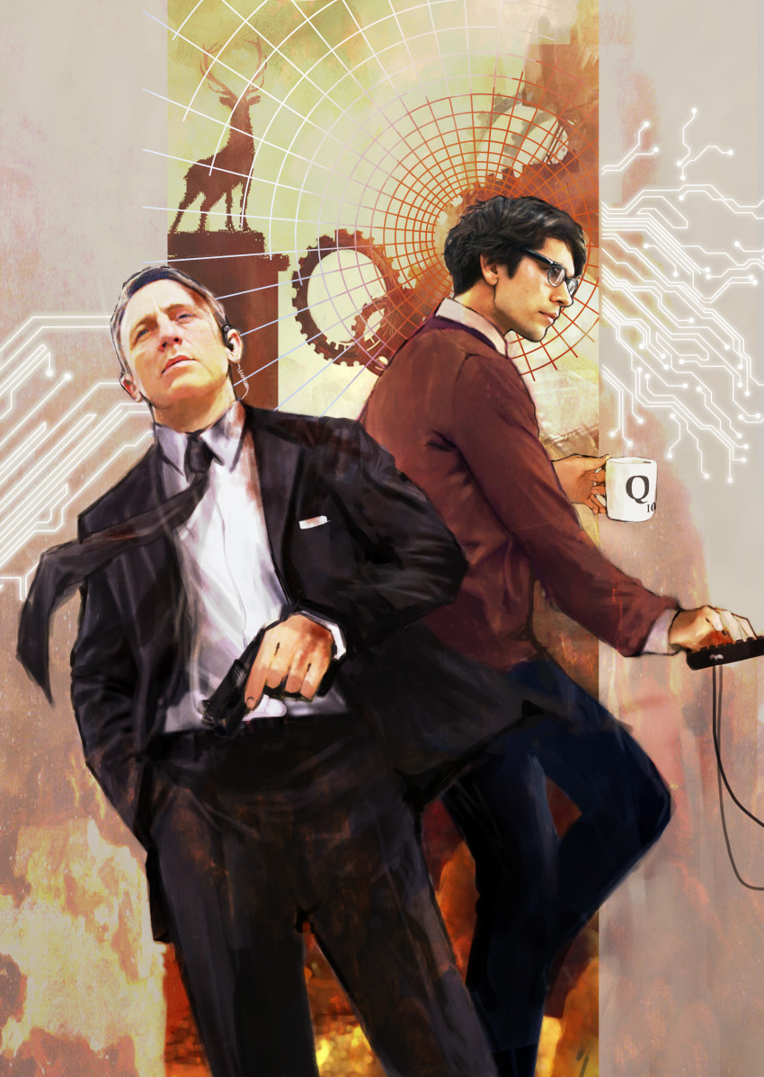 2boys, absurdres, blonde_hair, brilcrist, computer_keyboard, cup, daniel_craig, earpiece, formal, glasses, gun, highres, james_bond, multiple_boys, necktie, pistol, q_(james_bond), realistic, short_hair, skyfall, stag, suit, teacup, trigger_discipline, weapon