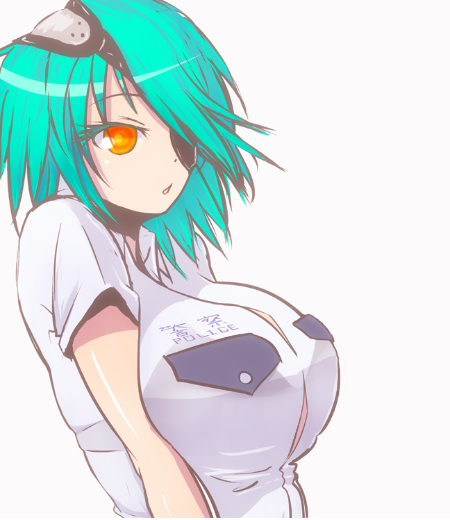 aqua_hair, breasts, eyepatch, large_breasts, onibi_(foxhound4185), otonashi_kiruko, police, police_uniform