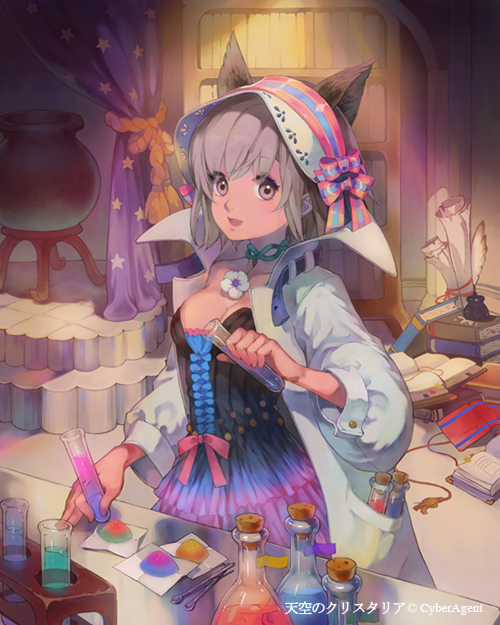 :d, alchemist, animal_ears, book, bookshelf, breasts, curtains, flower