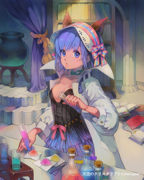 alchemist, animal_ears, blue_eyes, blue_hair, book, bookshelf, breasts, curtains