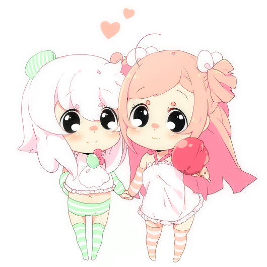 :3, black_eyes, blush, camisole, candy, chibi, detached_sleeves, hand_holding, hat, heart, holding_hands, jini_(jinichu), jinichu, lollipop, midriff, multiple_girls, navel, original, panties, pink_hair, solei, striped, striped_legwear, striped_panties, thigh-highs, thighhighs, two_side_up, two_sides_up, underwear, white_hair