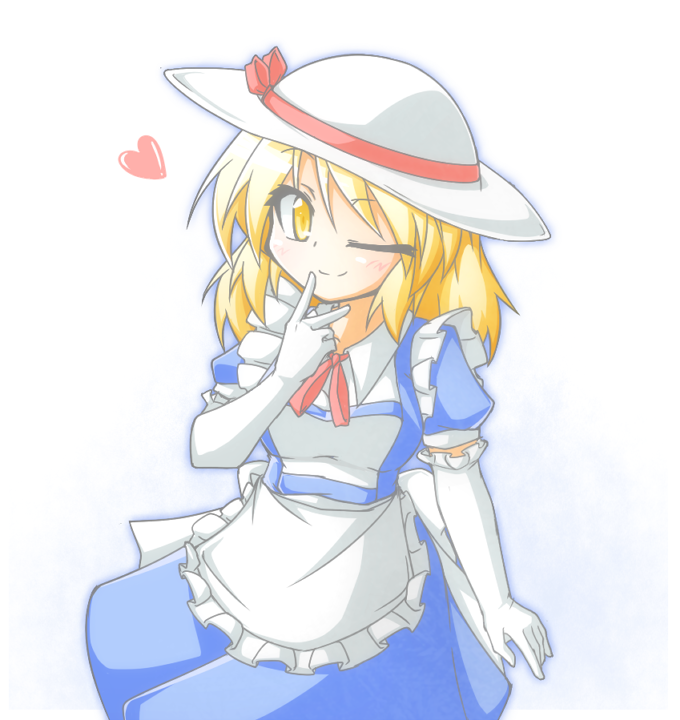 apron, blonde_hair, cop_(shokkidana), dress, elbow_gloves, gloves, hat, heart