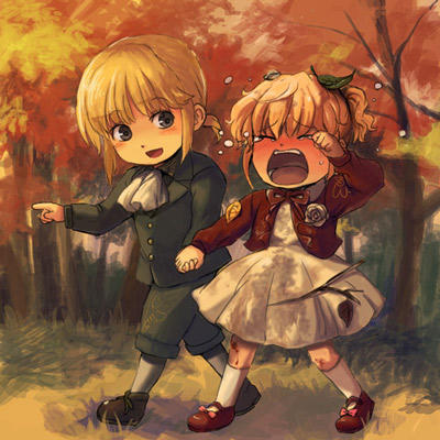 autumn, blonde_hair, child, forest, formal, furutachirikonbu, grey_eyes, hand_holding