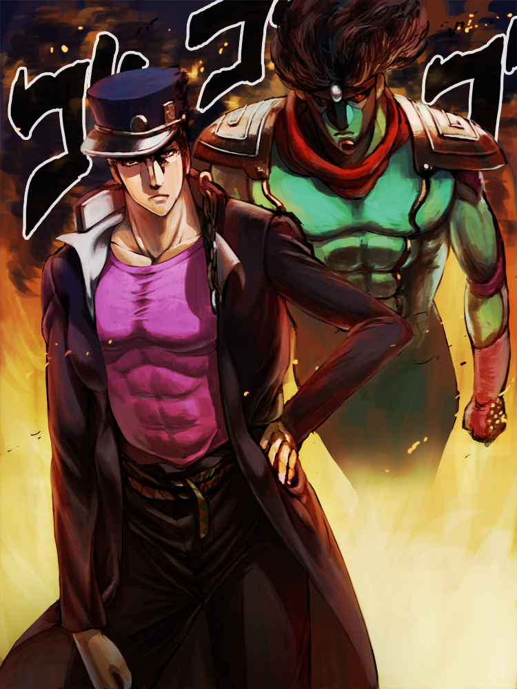 black_hair, bule, fire, gakuran, hat, jojo_no_kimyou_na_bouken, kuujou_joutarou, long_coat, long_hair, multiple_boys, school_uniform, stand_(jojo), star_platinum