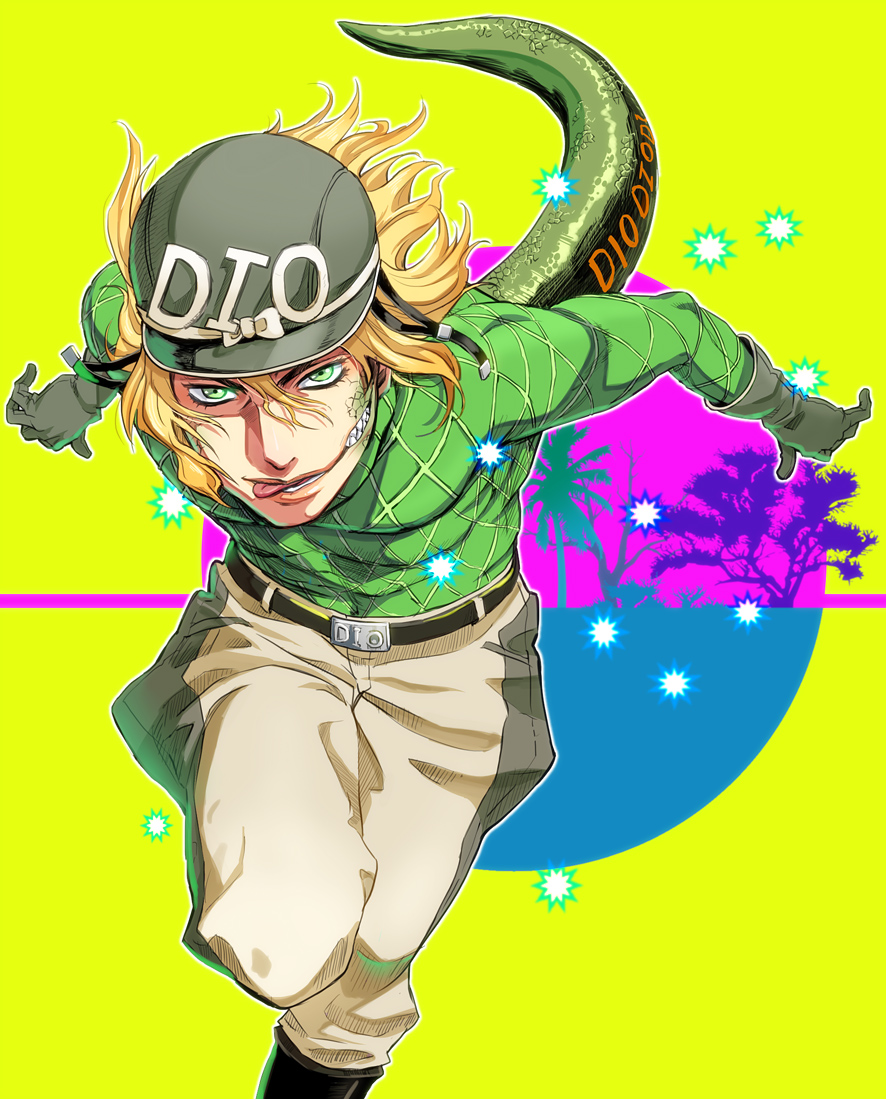blonde_hair, diego_brando, dinosaur_tail, green_eyes, hariyama_(toubou_tengoku), hat, jodhpurs, jojo_no_kimyou_na_bouken