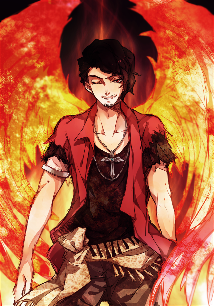 brown_hair, cross, fire, grin, hakuel, jewelry, kamen_rider, kamen_rider_wizard_(series), male, necklace, phoenix_(kamen_rider_wizard), red_eyes, smile, solo, wings, wink, yuugo_(kamen_rider_wizard)