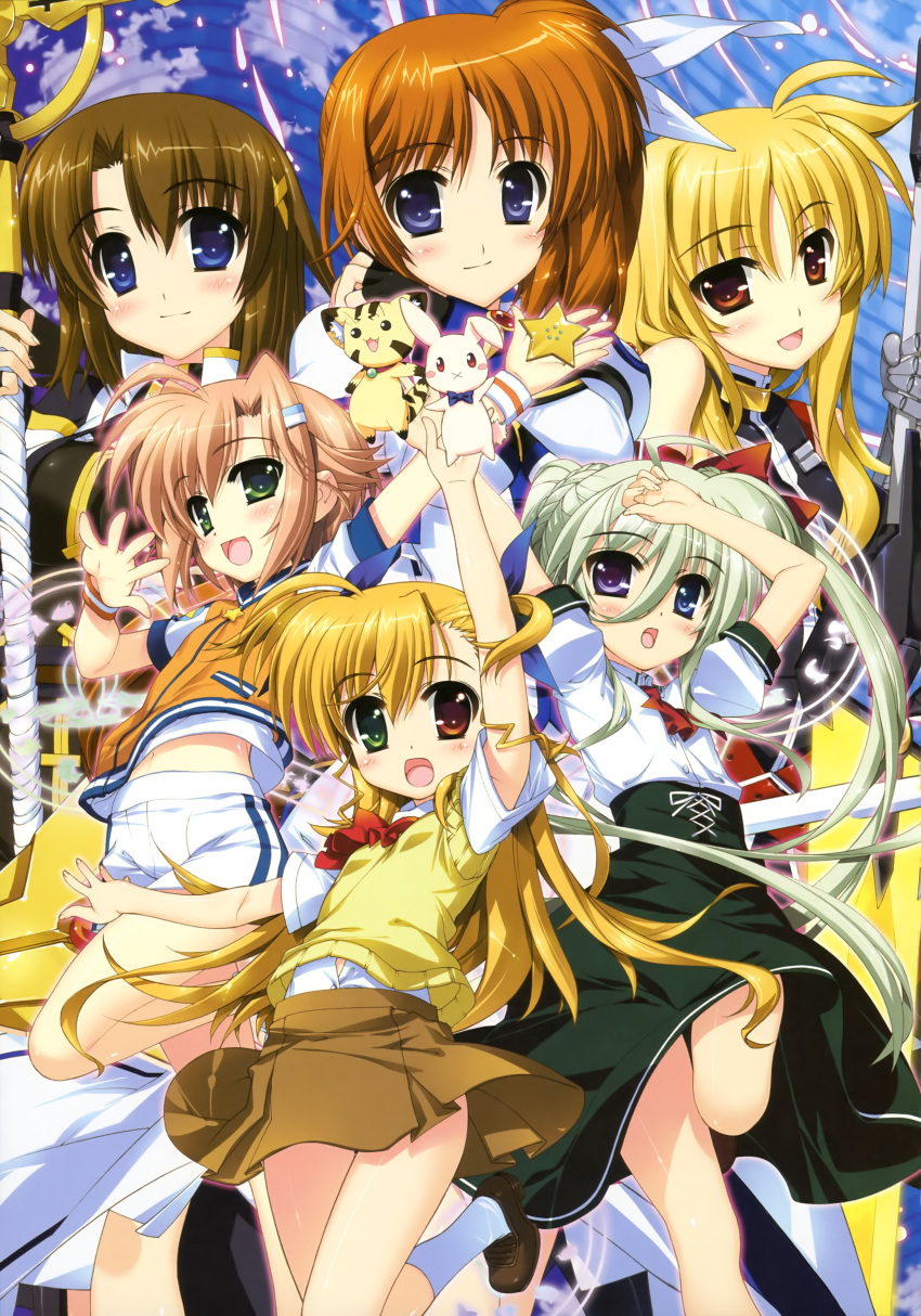 :d, absurdres, asteion, bardiche, blonde_hair, blue_eyes, blush, bow