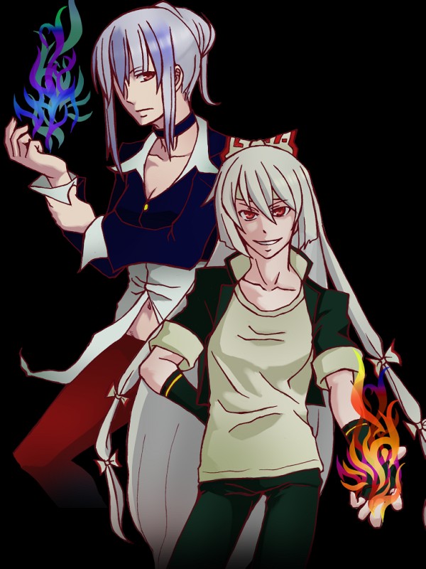 2girls, alternate_hairstyle, contemporary, cosplay, fujiwara_no_mokou, kamishirasawa_keine, king_of_fighters, kusanagi_kyo