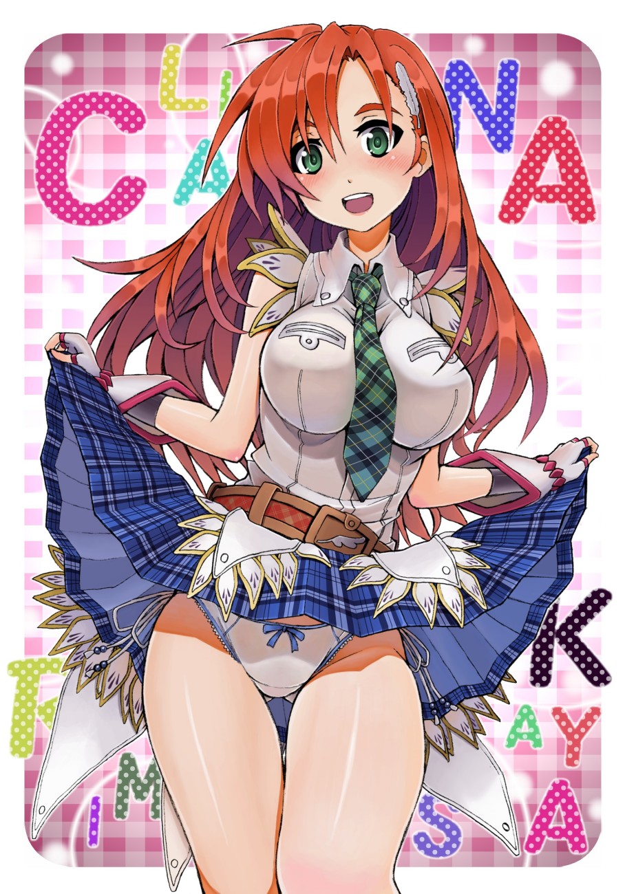 azarashing_day, bare_shoulders, belt, blush, breasts, cliana_rimskaya, feathers, fingerless_gloves