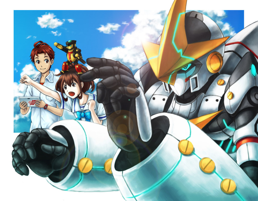 bow, brown_hair, cloud, clouds, glowing, gunvarel, mecha, noruka-soruka